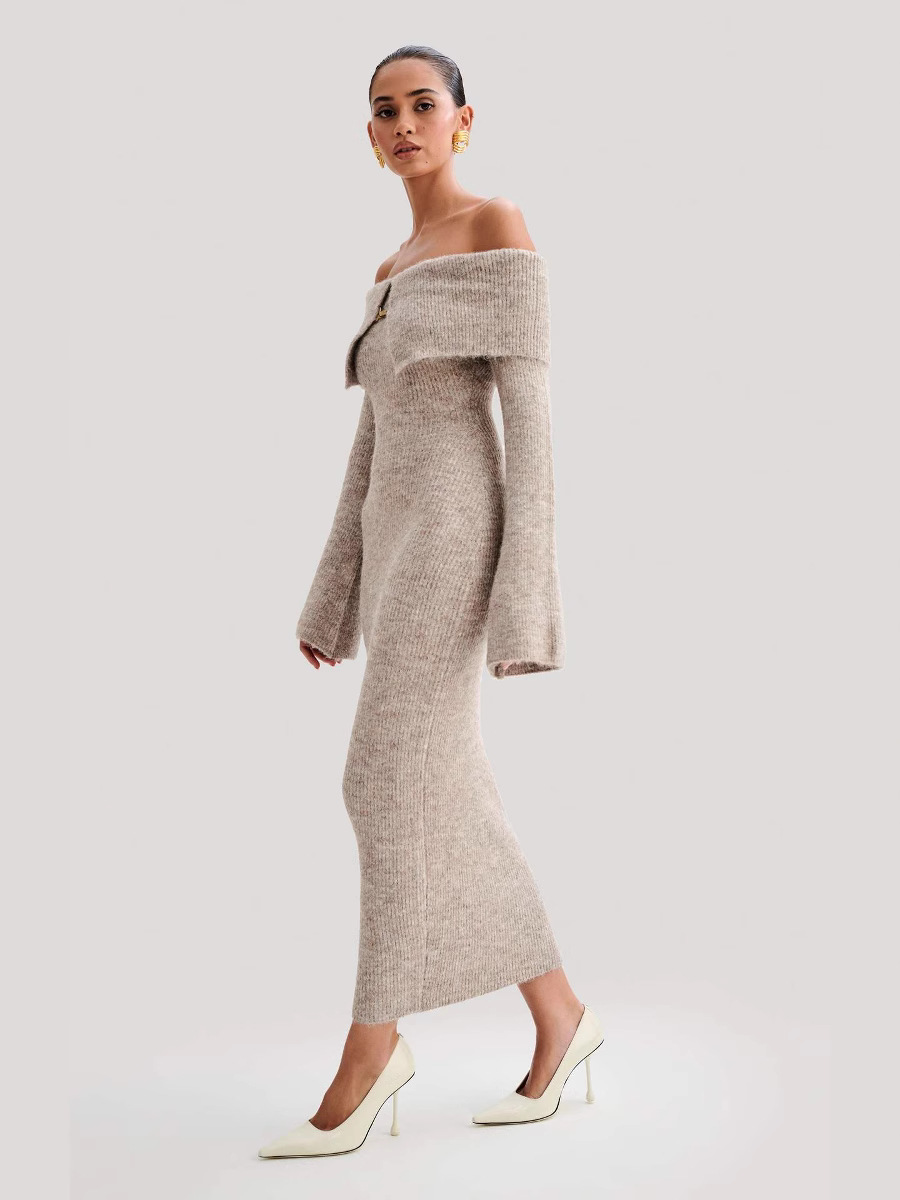 Elegant, stylish dress with a scoop neckline and bare shoulders; a luxurious knitted dress.