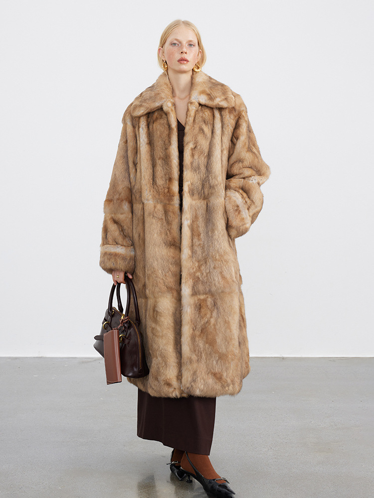 Retro and stylish full-print prairie rabbit collar vintage oversized sleeve fur coat for women, long style