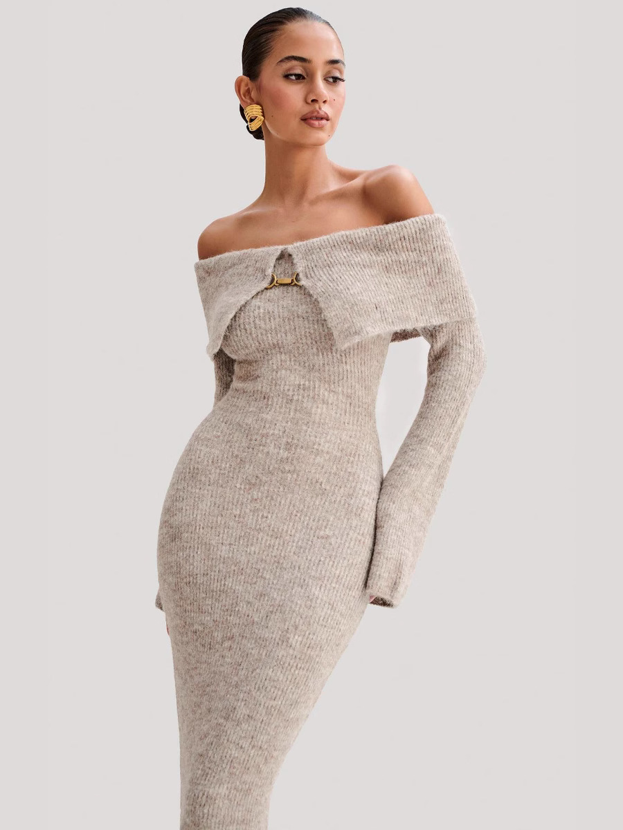 Elegant, stylish dress with a scoop neckline and bare shoulders; a luxurious knitted dress.