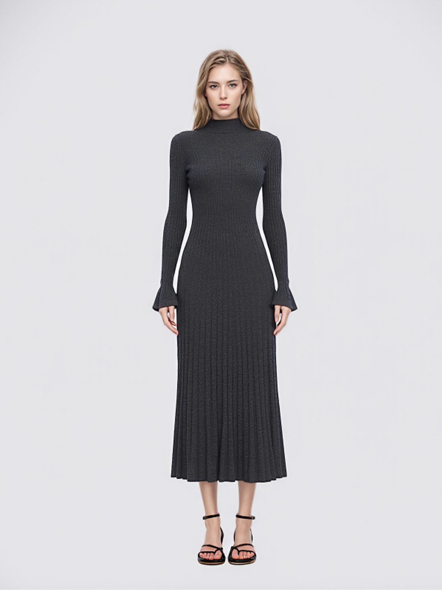 Elegant and graceful gray sweater dress with high collar, long sleeves, and a knitted woolen underlayer, perfect for autumn and winter.