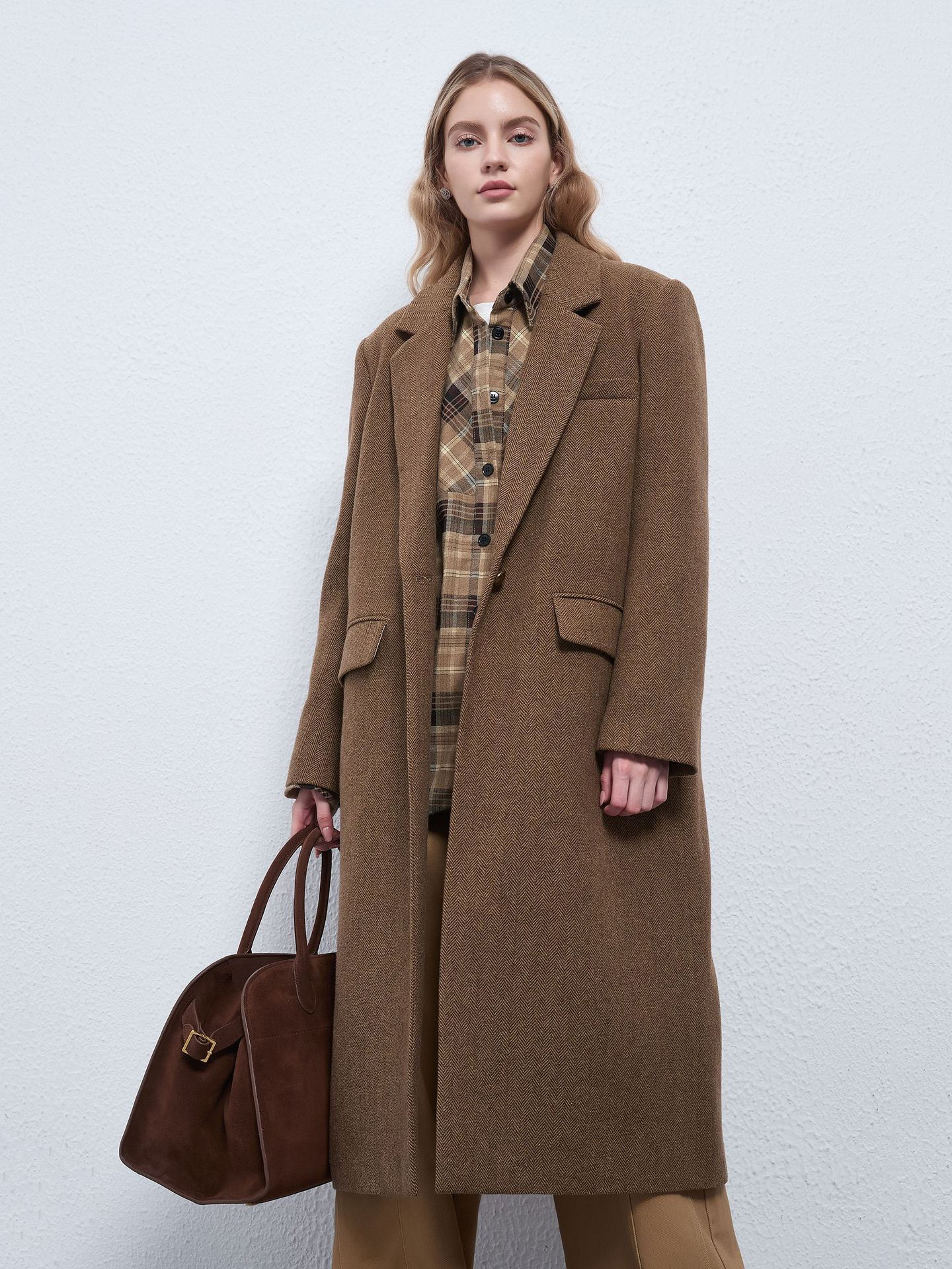 High-quality wool, cashmere, herringbone pattern, mid-length, thick, extra-long wool coat for women, autumn and winter.