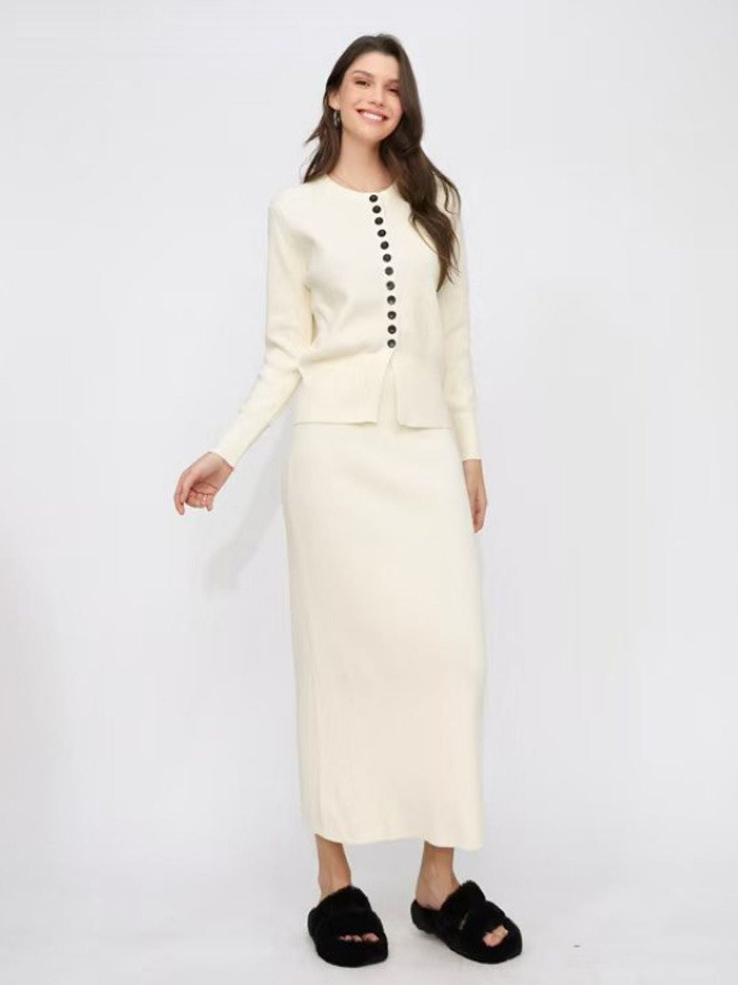 Knit sweater-top, skirt, and long dress set – a gentle and stylish outfit for autumn and winter.