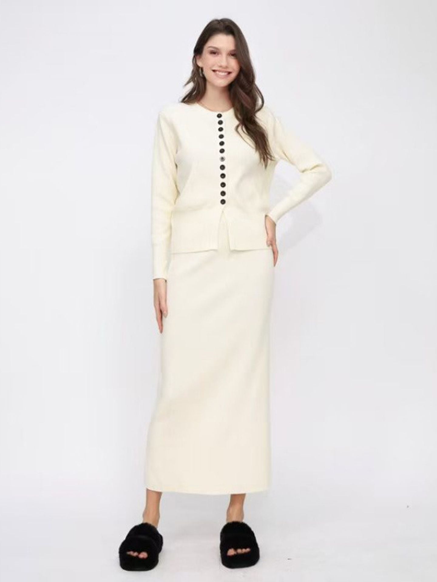 Knit sweater-top, skirt, and long dress set – a gentle and stylish outfit for autumn and winter.