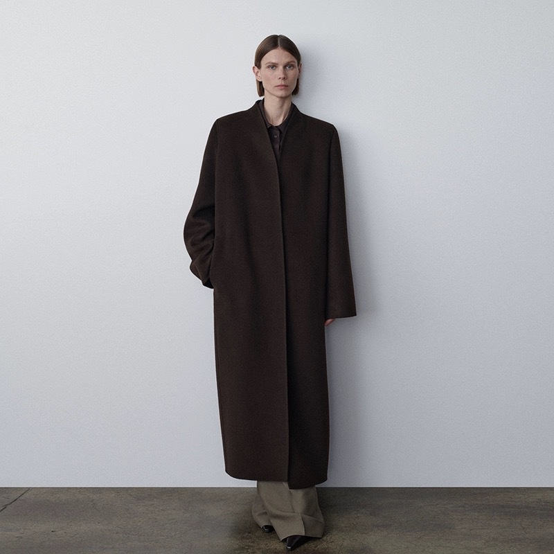 Spring and Autumn Cashmere Wool Trench Coat, Versatile, Over-the-Knee, V-Neck, Casual, Concealed Button, Double-Sided Wool Coat