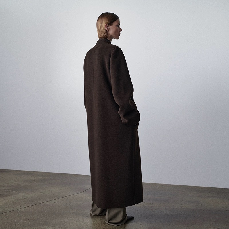 Spring and Autumn Cashmere Wool Trench Coat, Versatile, Over-the-Knee, V-Neck, Casual, Concealed Button, Double-Sided Wool Coat