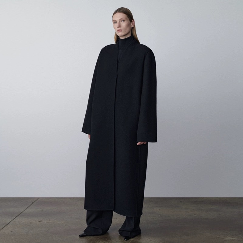 Spring and Autumn Cashmere Wool Trench Coat, Versatile, Over-the-Knee, V-Neck, Casual, Concealed Button, Double-Sided Wool Coat