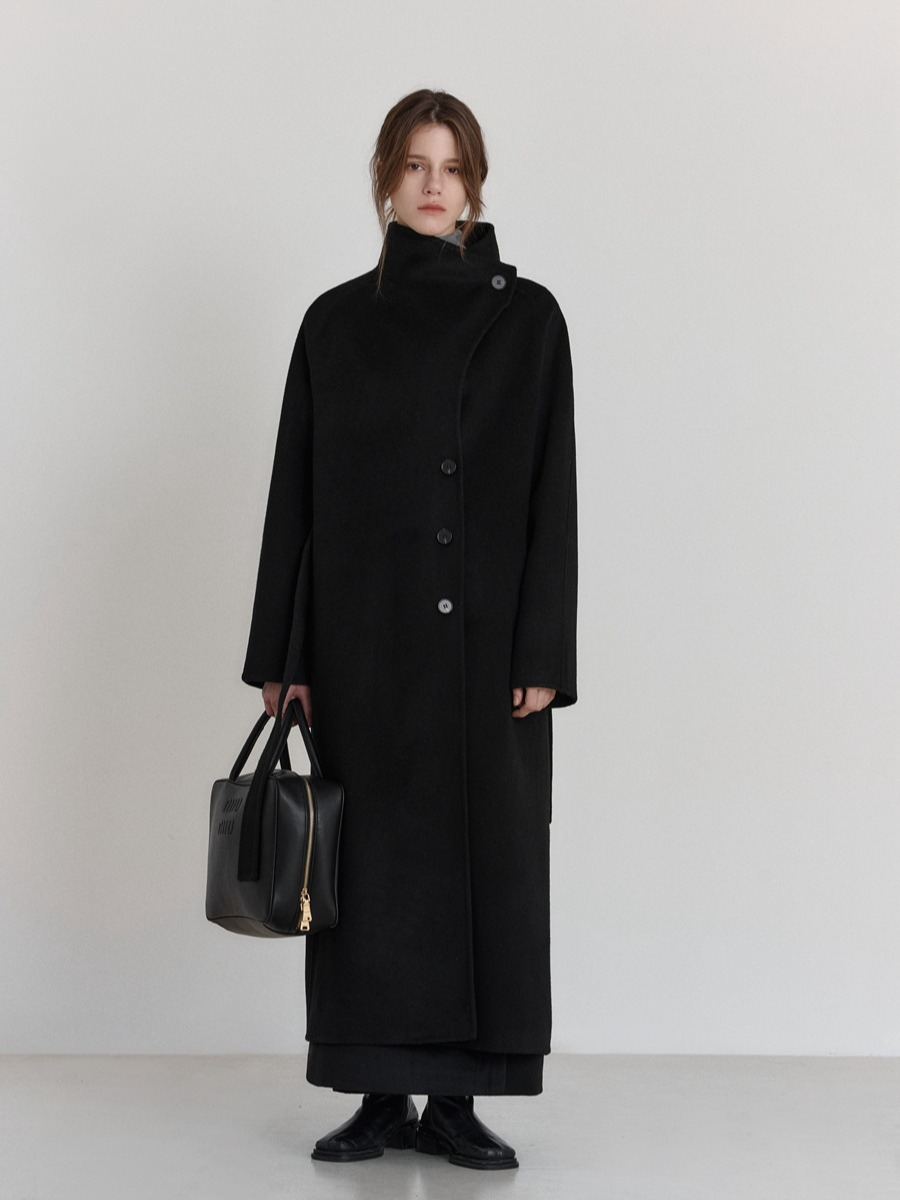 100% Wool Grey Turtleneck Double-Sided Wool Long Coat for Women, High-Quality Winter Wool Coat