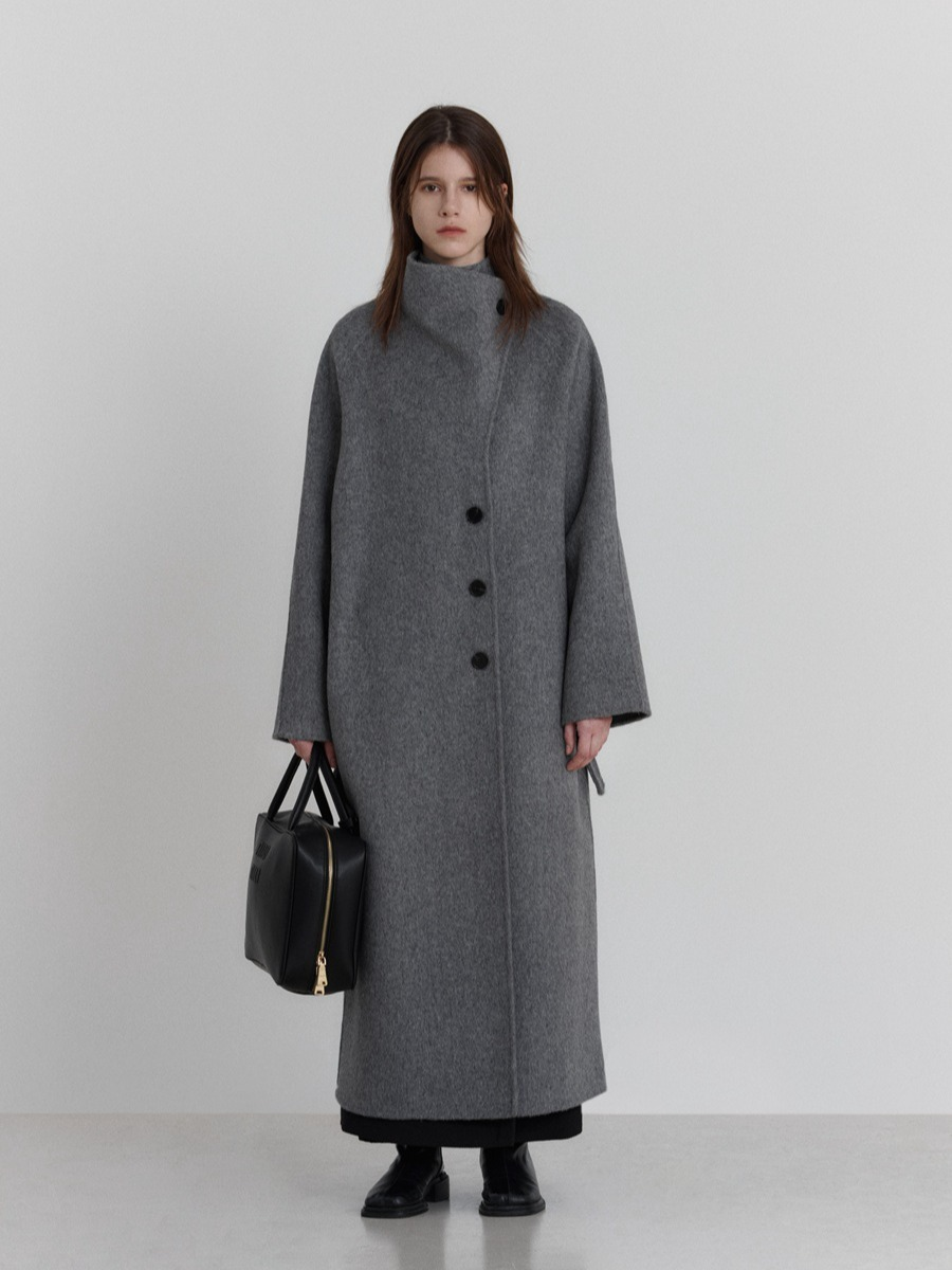 100% Wool Grey Turtleneck Double-Sided Wool Long Coat for Women, High-Quality Winter Wool Coat